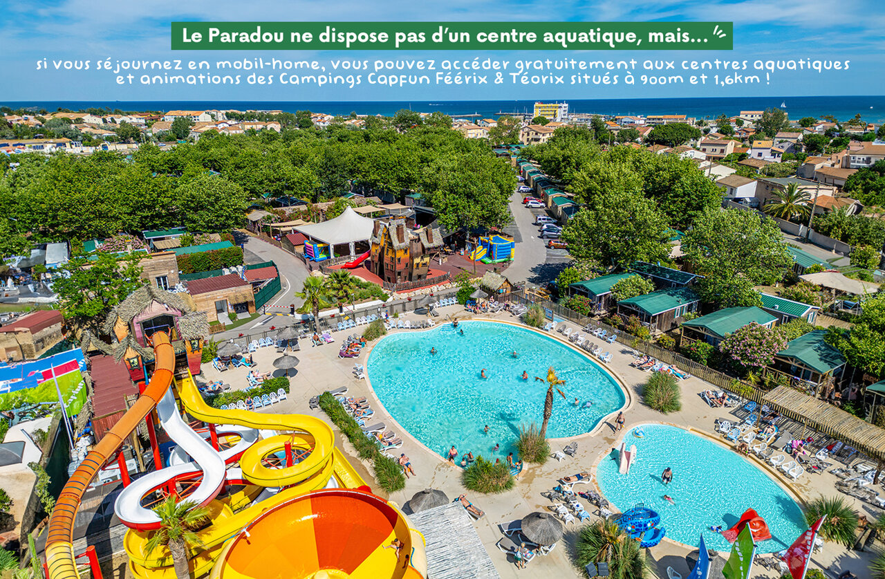 Luftaufnahme des Wasserparks mit Rutschen und Pools auf Camping CLICOCHIC Paradou in Marseillan-Plage (34).