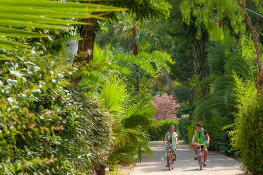 Balade à vélo sur chemin verdoyant au camping CAPFUN Parc et Plage à Hyères. Balade à vélo sur chemin verdoyant au camping CAPFUN Parc et Plage à Hyères.
