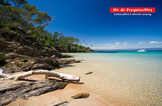 Paradiesischer Strand der Île de Porquerolles, türkisfarbenes Wasser und Felsküste.