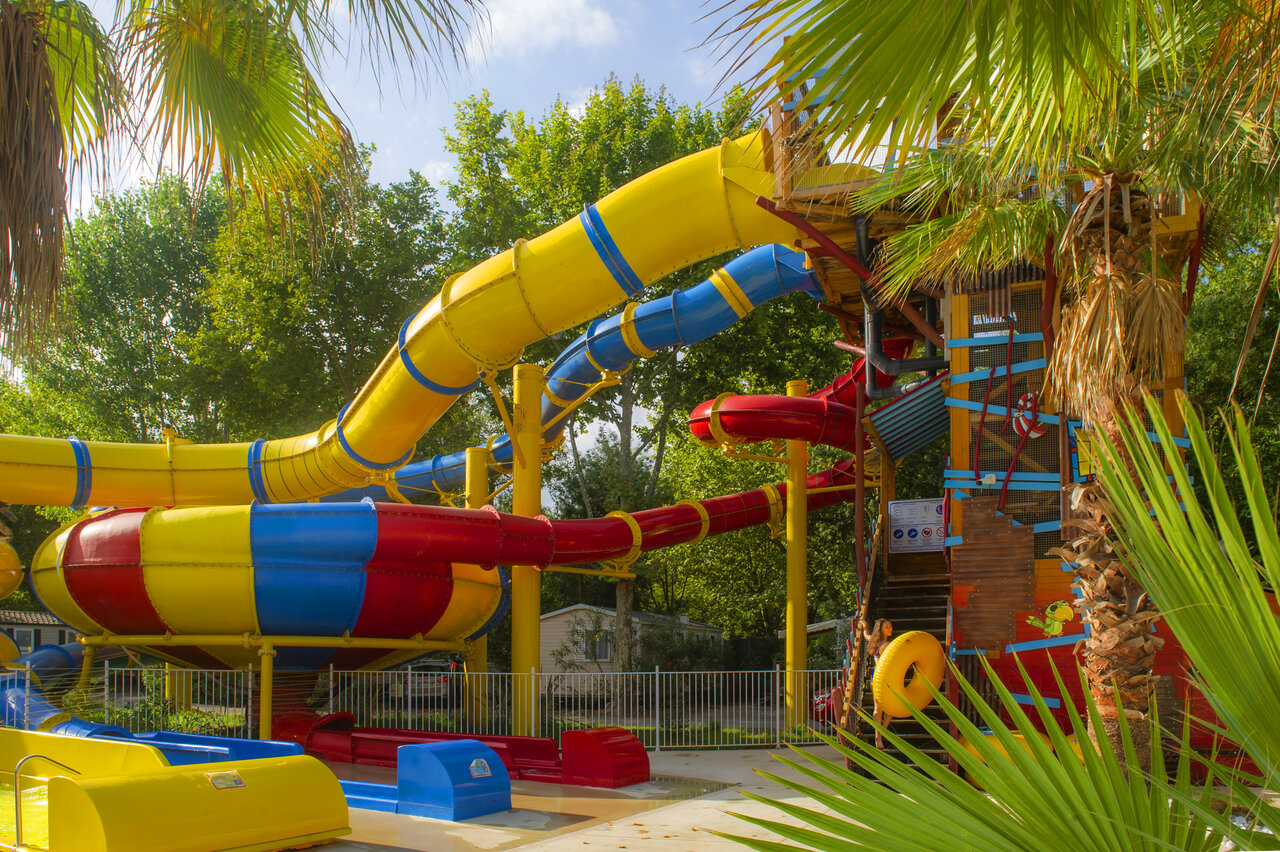 Water park with colorful slides at CAPFUN Paris Roussillon, ARGELES SUR MER.