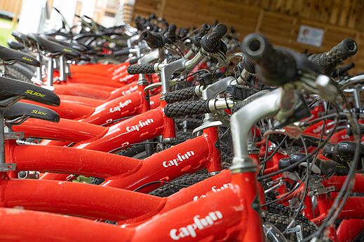 Rote Capfun Fahrr�der zur Miete auf dem Campingplatz CAPFUN La Pin�de de Grimaud in Grimaud (83).