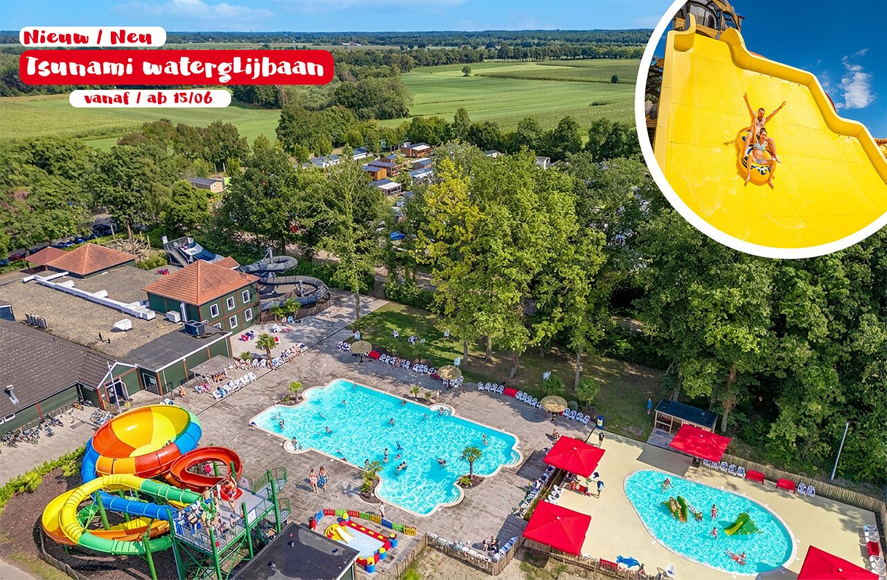 Schwimmb�der und Wasserrutschen, mit der neuen Tsunami, auf dem Campingplatz CAPFUN Ponderosa in Ulicoten.