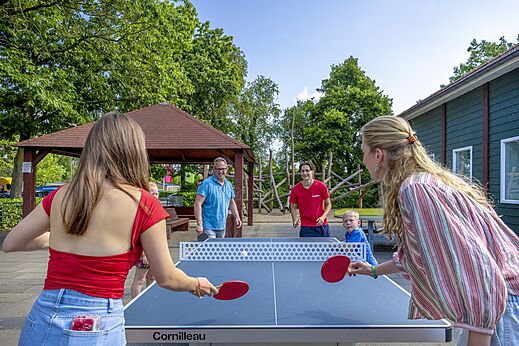 Tischtennisspiel auf Cornilleau-Tisch auf dem Campingplatz CAPFUN Ponderosa in Ulicoten.
