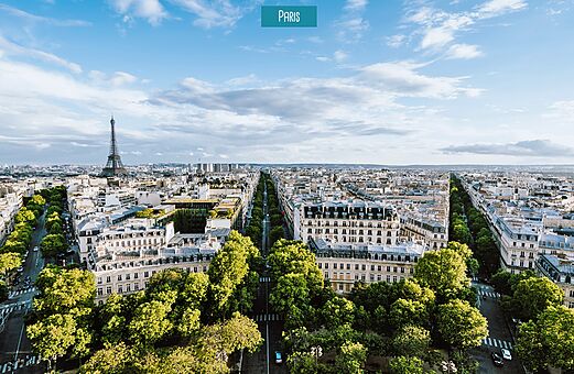 Luftaufnahme von Paris mit dem Eiffelturm und einer baumgesäumten Allee.