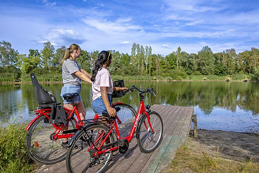Rote Fahrr�der und Natursee mit zwei Personen auf dem Campingplatz CAPFUN Rakelbos.