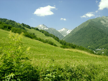 Grüne Berge, schneebedeckte Gipfel und Alpental auf dem Campingplatz CAPFUN Saint Colomban des Villards.