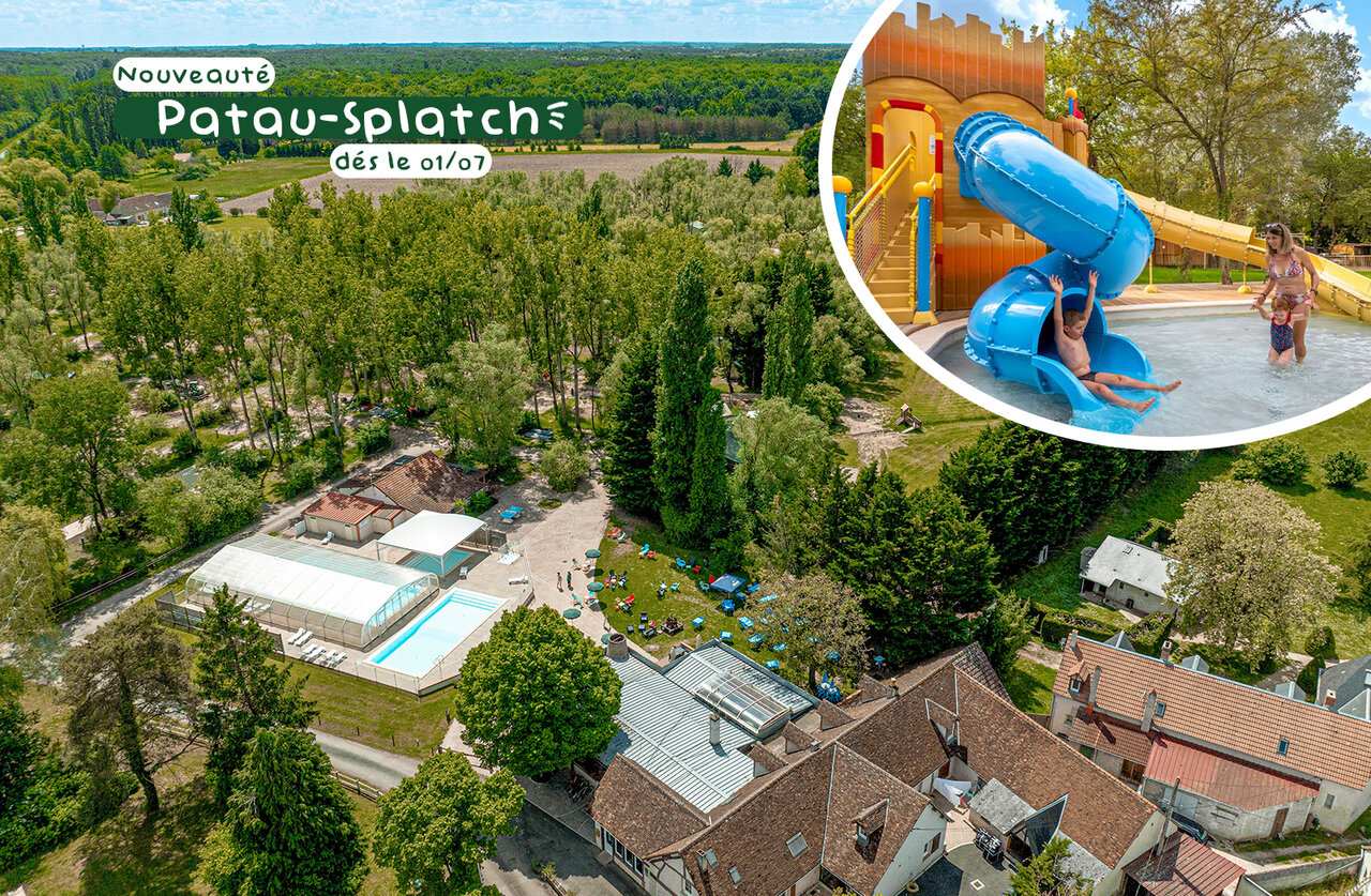 Luftbild Pool, Rutsche Patau-Splatch, Geb�ude auf Camping CLICOCHIC Cheverny.