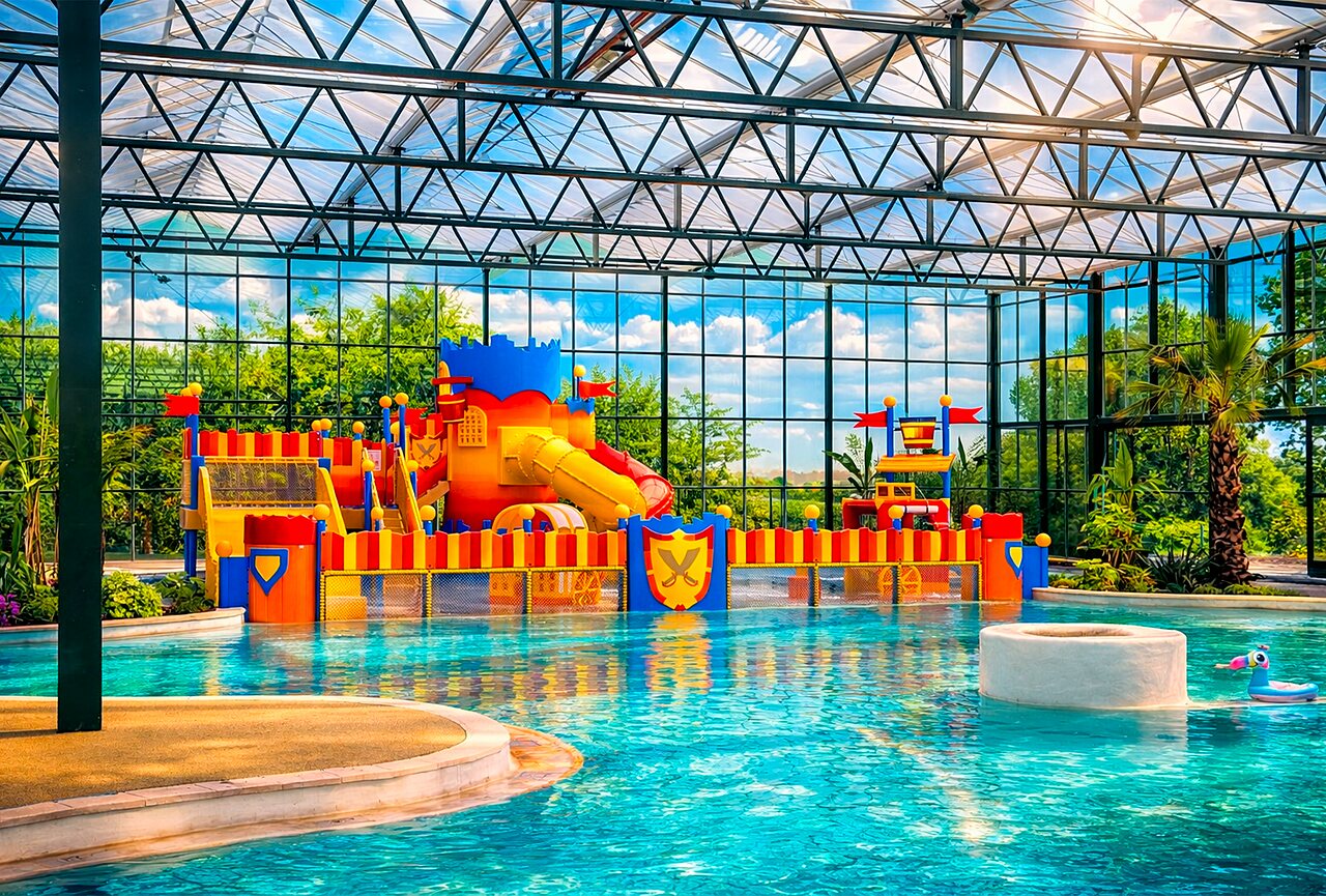 Aire de jeux aquatique couverte et piscine au camping CAPFUN Tensch Jolie (57).