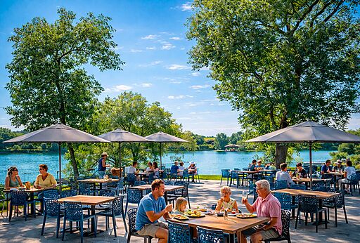 Restaurant extérieur avec terrasse et vue lac au CAPFUN Tensch Jolie.