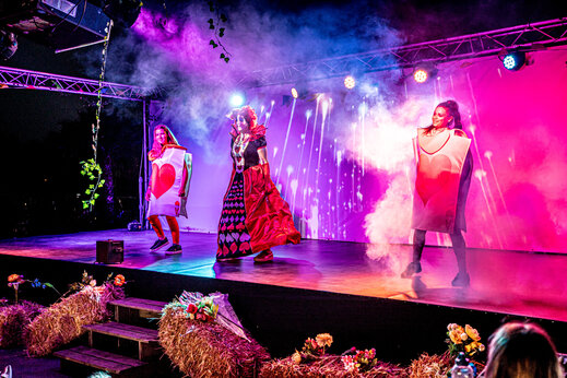 Spectacle costumé sur scène avec effets de lumière et fumée au camping CAPFUN Celeste à Breuillet (17).