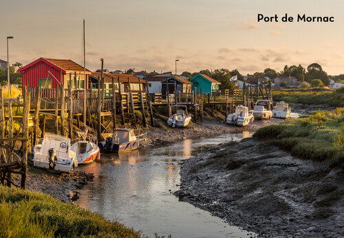 Hafen von Mornac-sur-Seudre mit bunten Austernh�tten und gestrandeten Booten bei Ebbe.