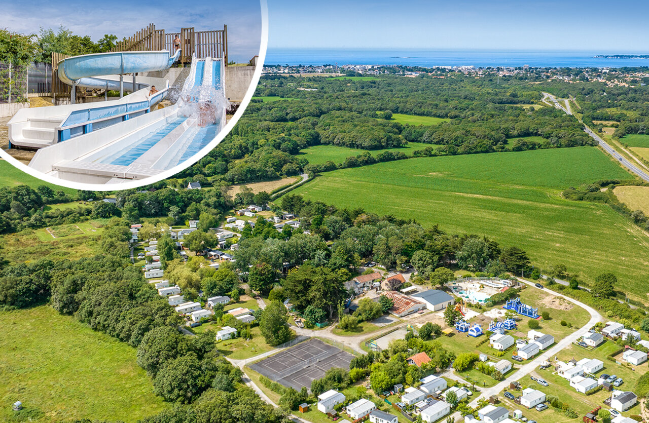 Waterglijbaan, luchtfoto en stacaravans op camping CLICOCHIC in Pornichet.