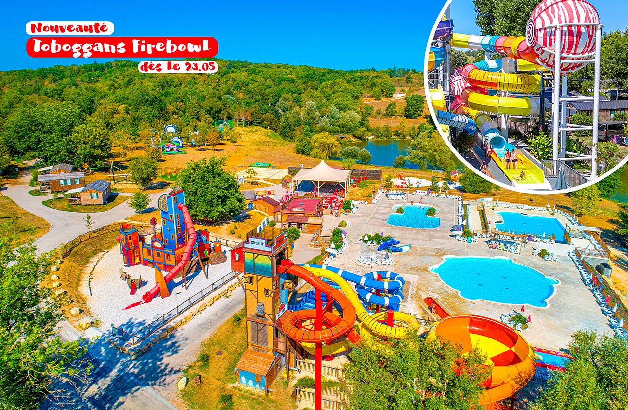 Firebowl water slides, outdoor pools at CAPFUN Ullule campsite, Tournon d'Agenais.