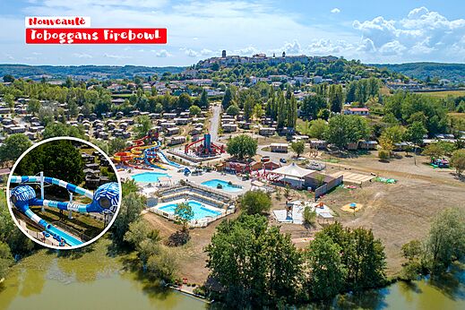 Firebowl Rutschen, Pools und Luftaufnahme auf dem Campingplatz CAPFUN Ullule in Tournon d'Agenais (47).