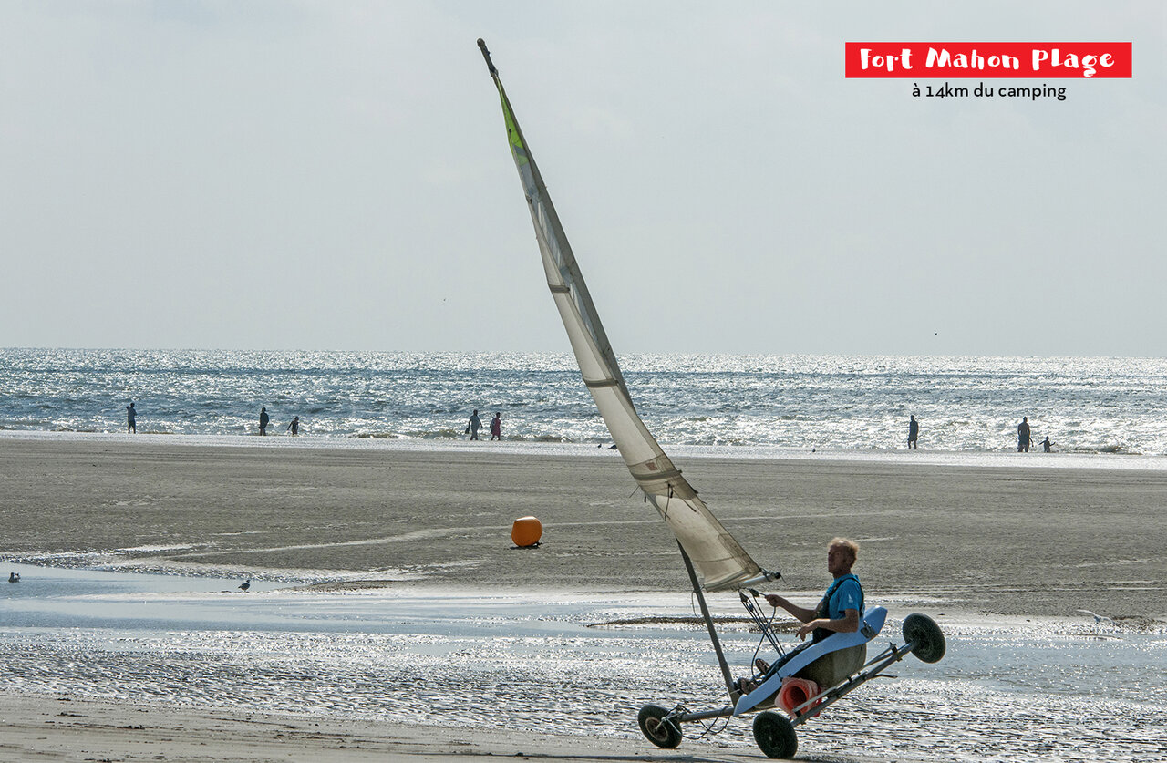 Sand yachting on the beach of Fort Mahon, near the Somme Bay.