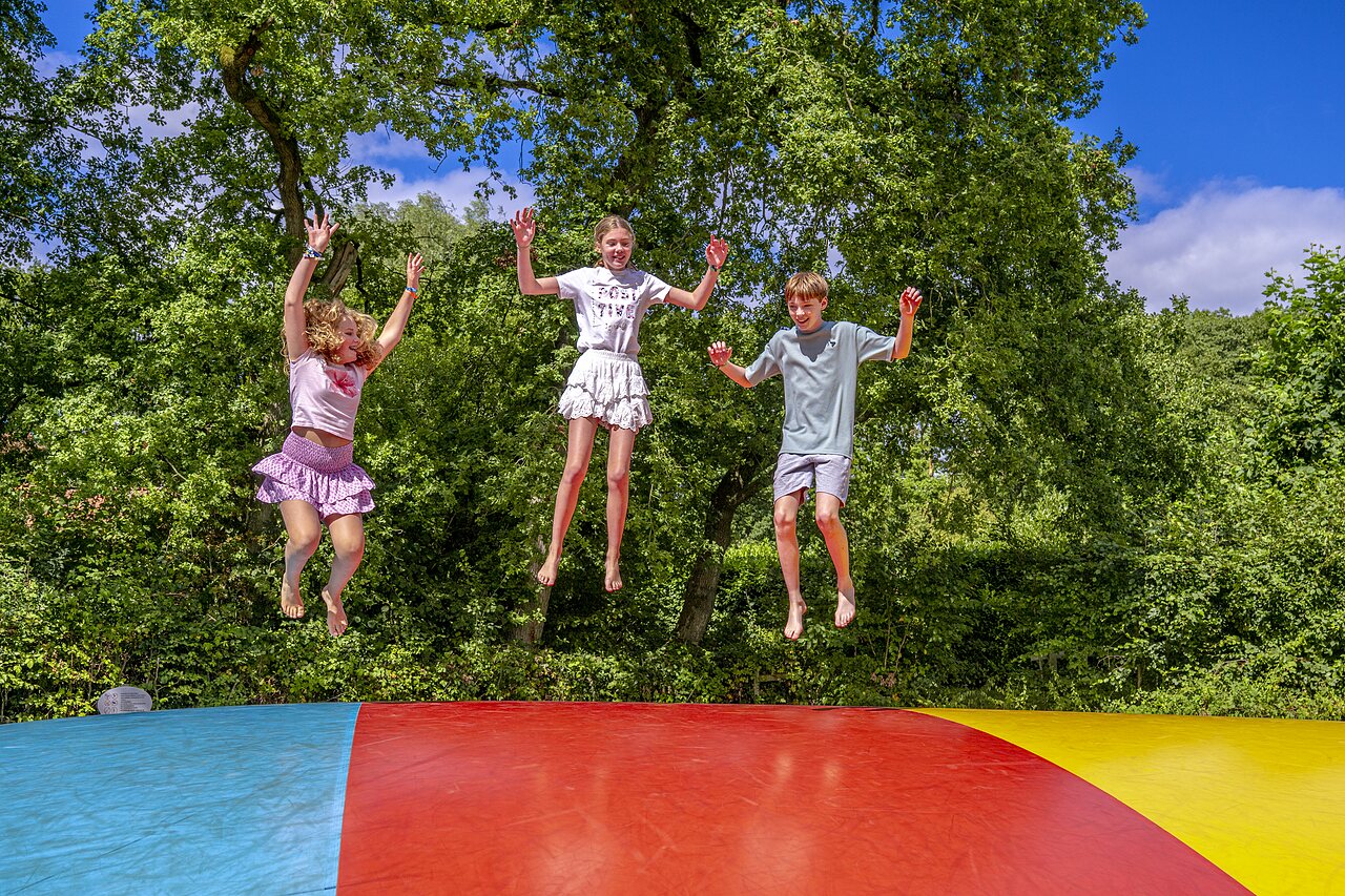 Enfants joyeux sautant sur un coussin gonflable g�ant au camping CAPFUN het Winkel � Winterswijk.
