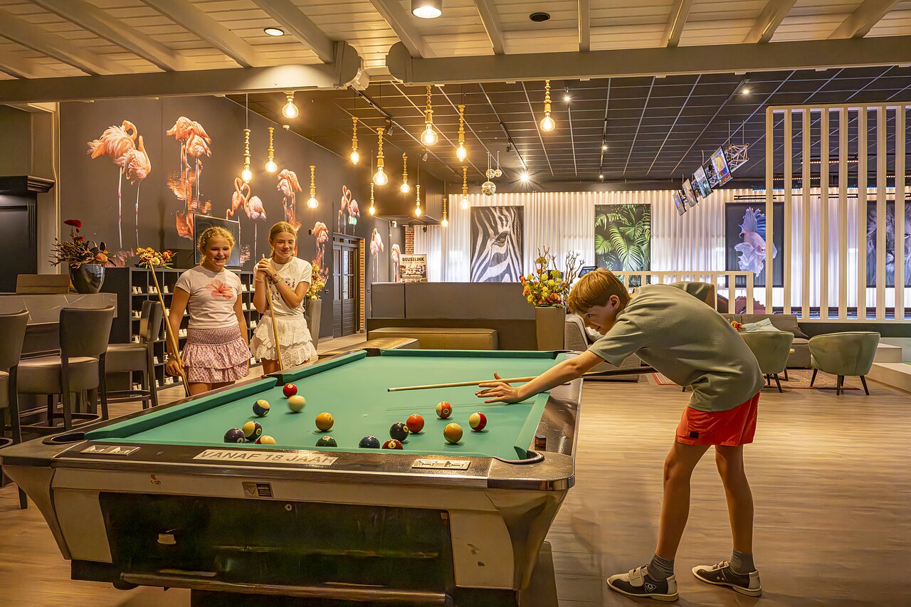 Enfants jouant au billard dans la salle de jeux au camping CAPFUN het Winkel � Winterswijk.