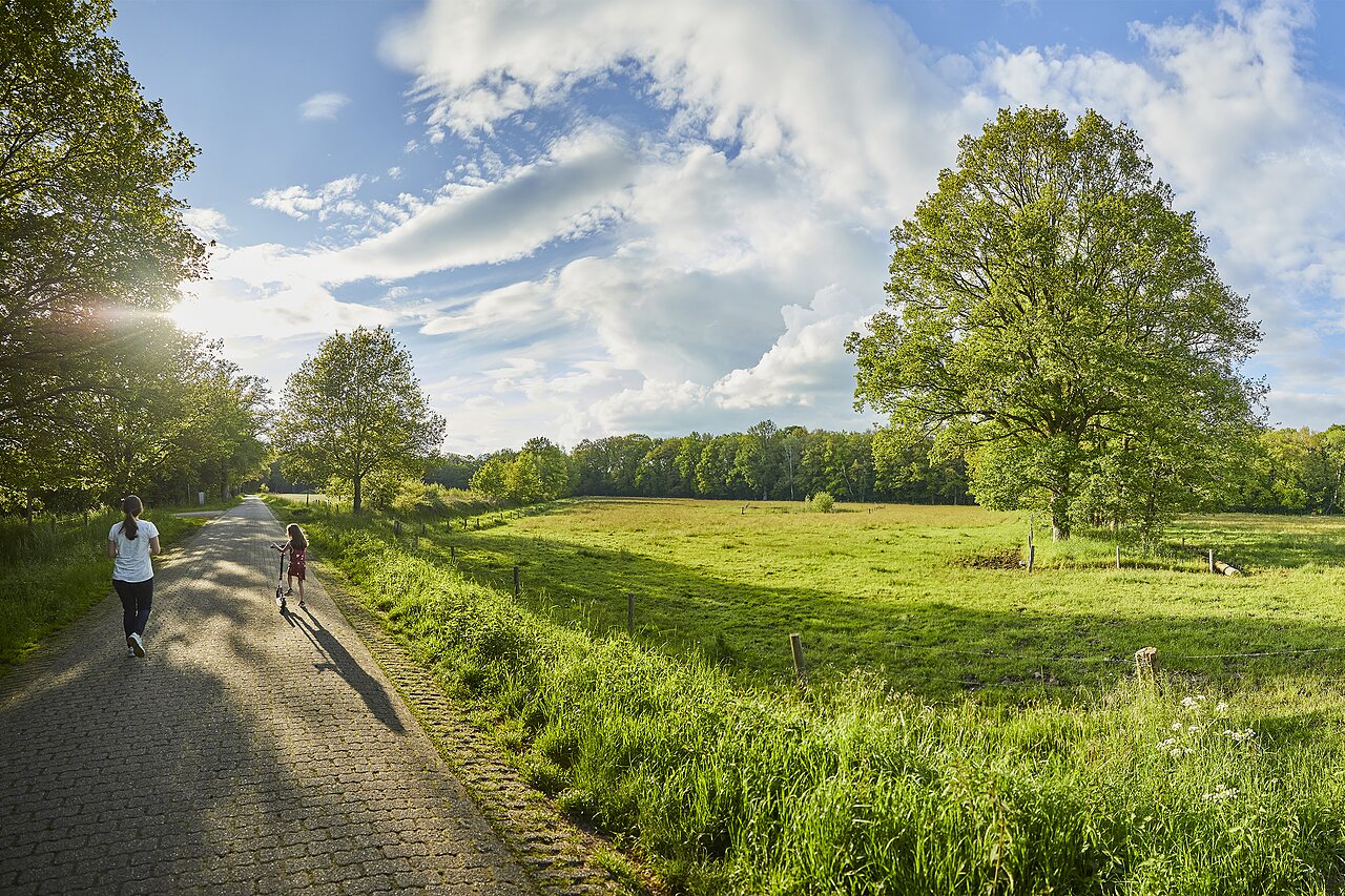 Chemin pav�, enfant en trottinette, nature verdoyante au CAPFUN het Winkel � Winterswijk.